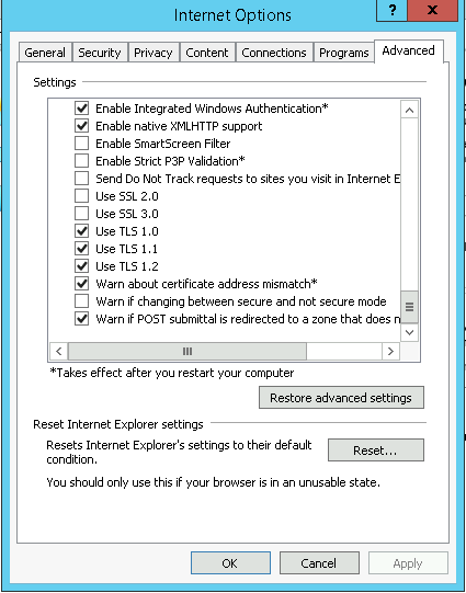 Internet Options Advanced Tls